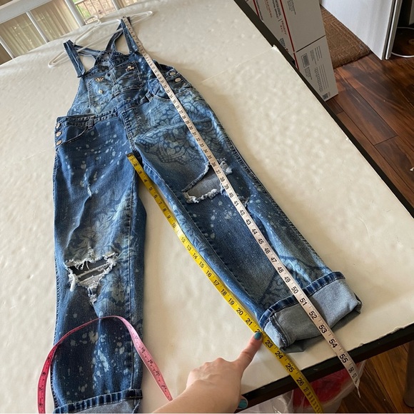 Upcycled Denim Overalls Jeans Womens Size Small Handmade Floral Blue Stretch - Picture 7 of 12